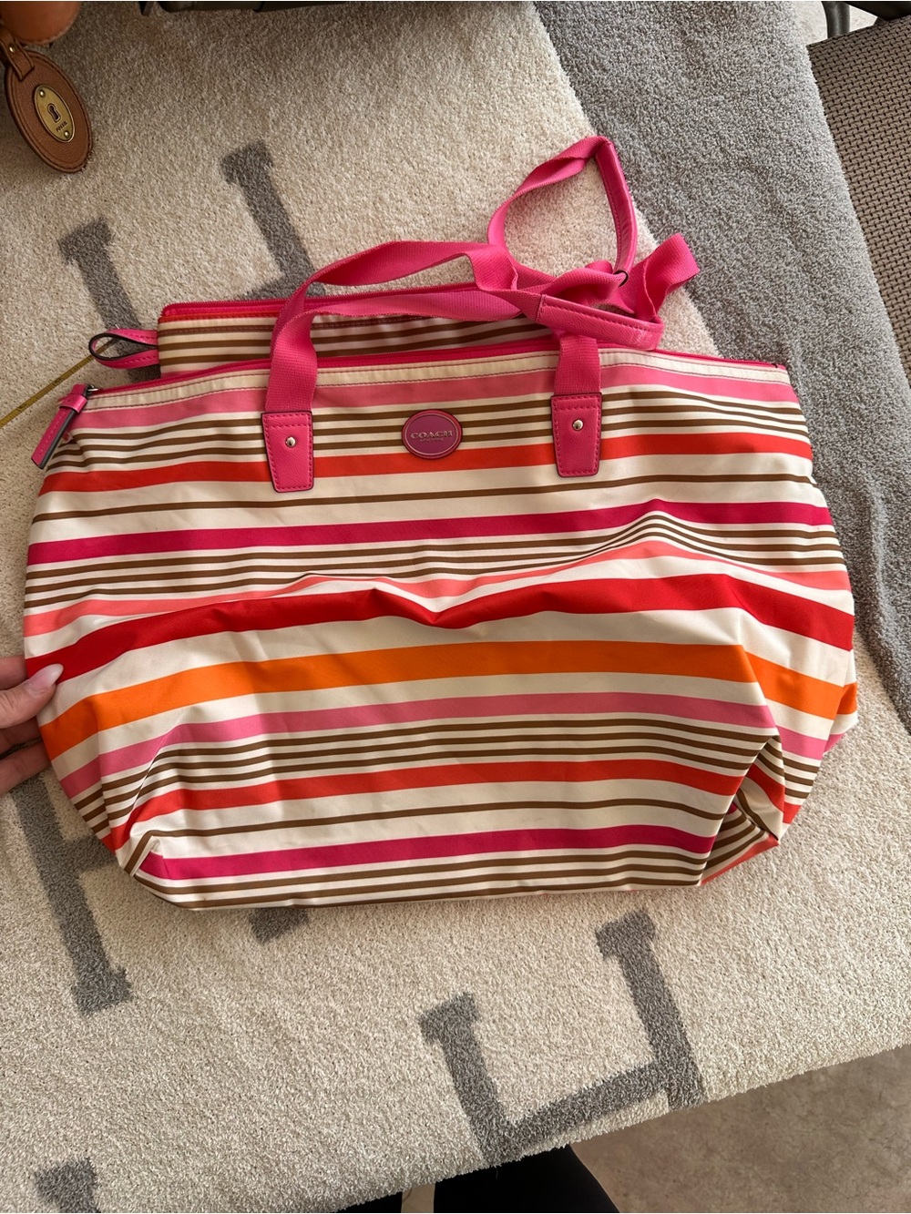 Striped Pink & Orange Canvas Tote and Pouch nylon coach travel set
